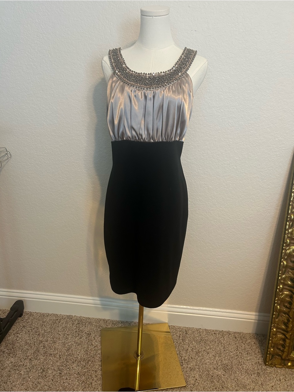 Tiana B. Two-Tone Beaded Neckline Midi Dress in Black & Bronze
